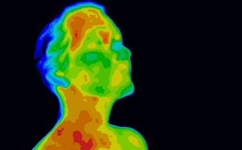 Thermal image of a person’s head and shoulders in various temperature ranges.