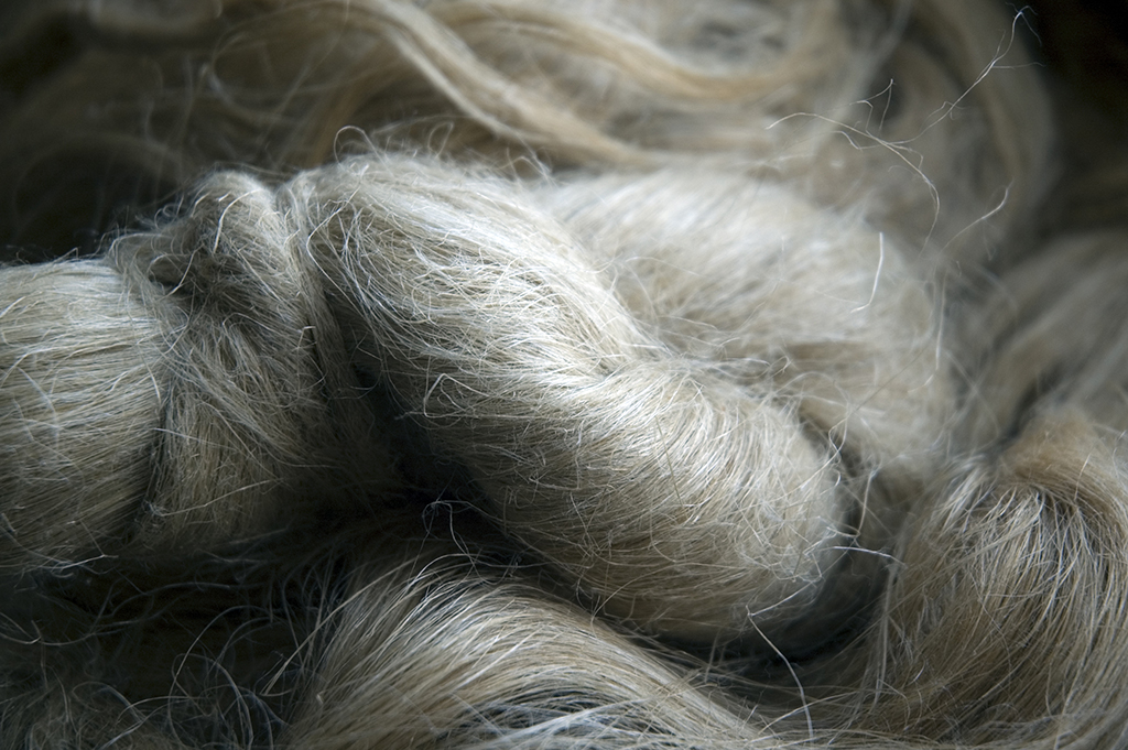 A bundle of coarse, light beige fibers, resembling raw, unprocessed material such as flax or hemp, with a soft, textured appearance.