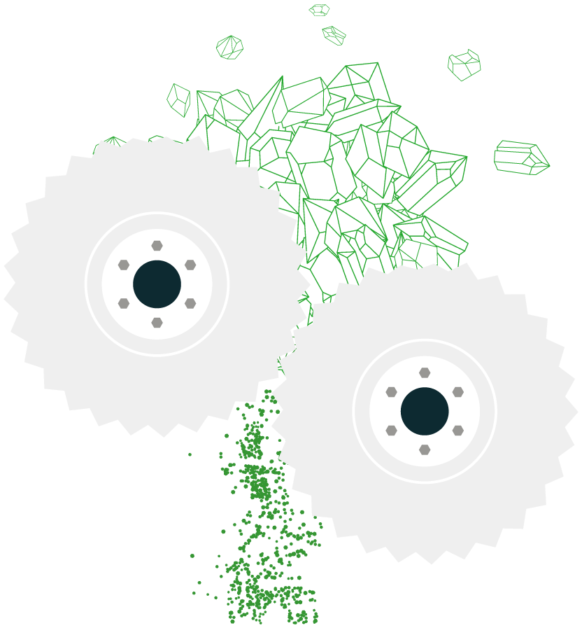 Illustration of green minerals getting crushed into fine powder by a grinder