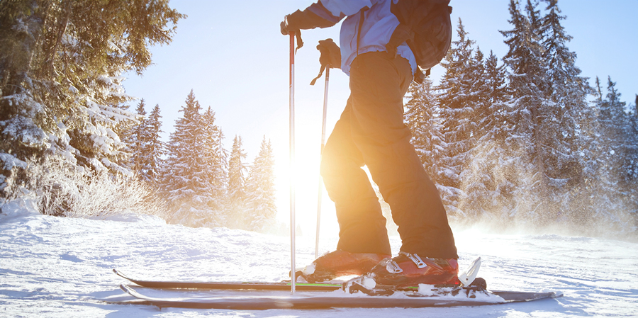 A person skiing on a snowy slope with ski poles, sunlight shining through trees in the background.