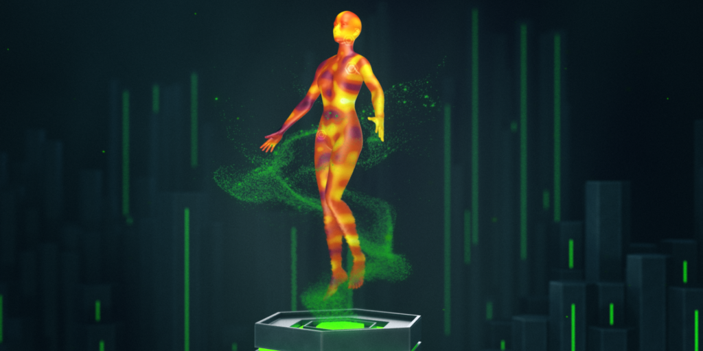 Futuristic hologram of a human figure glowing with orange and green light, floating above a technological platform.