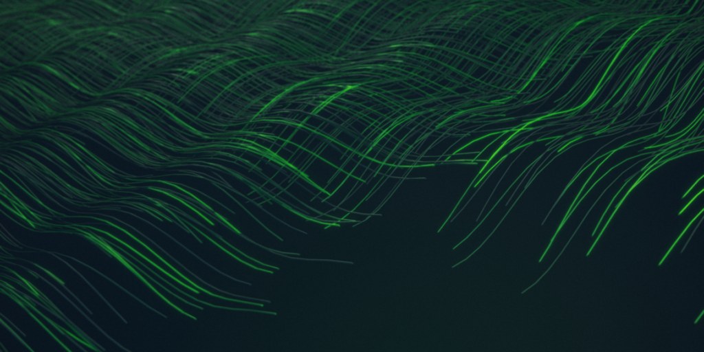 Abstract visualization of flowing green lines resembling digital waves on a dark background.