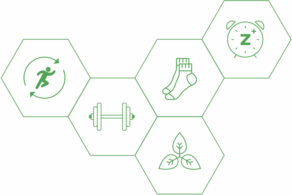 Green hexagonal icons featuring a runner, dumbbell, sock, leaves, and a clock symbolizing health and fitness themes.