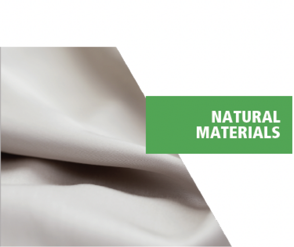 Beige fabric with a green text box labeled "NATURAL MATERIALS."