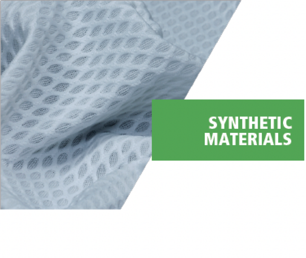 White mesh fabric with a green text box labeled "SYNTHETIC MATERIALS."