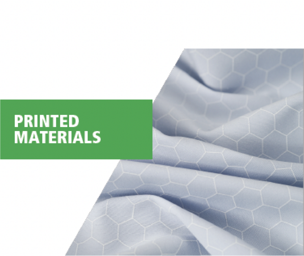 Pale blue fabric with a hexagonal pattern and a green text box labeled "PRINTED MATERIALS."